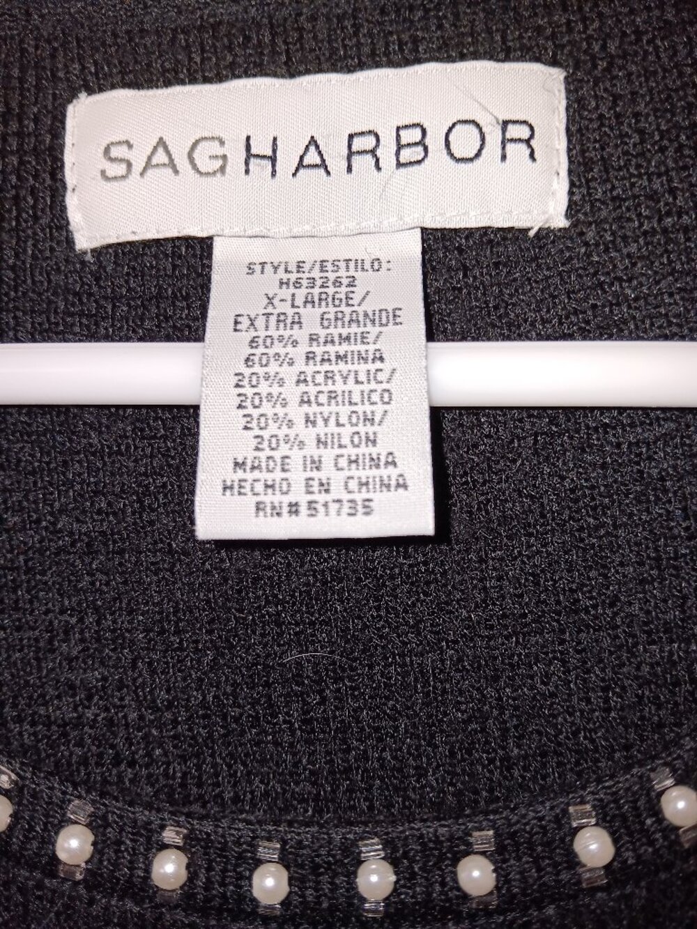 SAG HARBOR Women's Black with Faux Pearl Trim 3/4 Sleeve Sweater - XL - Picture 5 of 5